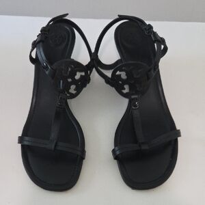 Tory Burch Miller Sandals T Strap Ankle Strap Wedge Women 9 M Black Leather